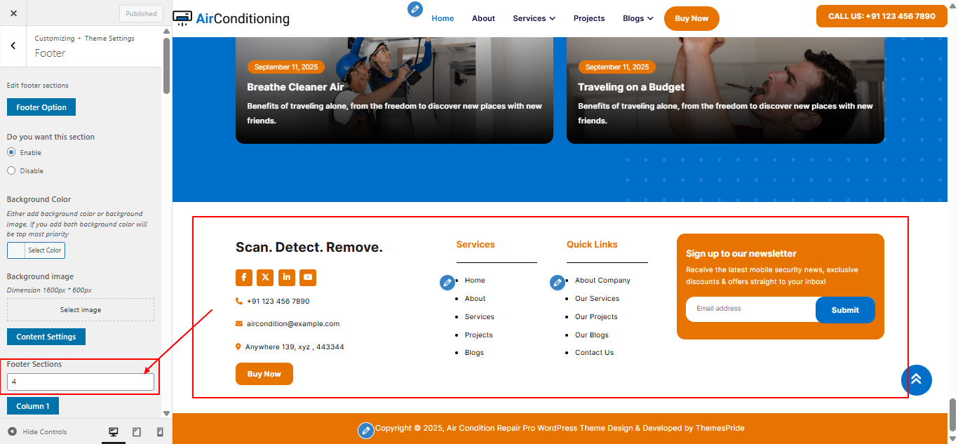 Footer columns layout screenshot