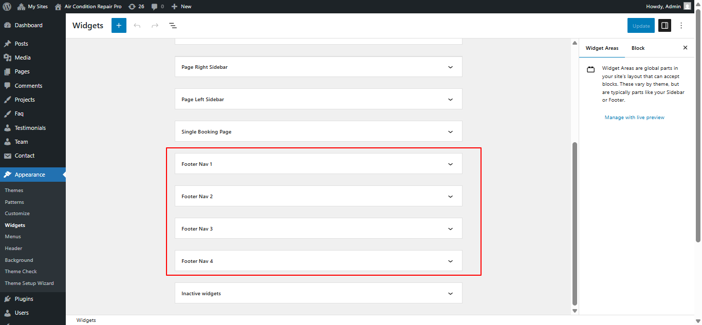 Footer widget customization screenshot