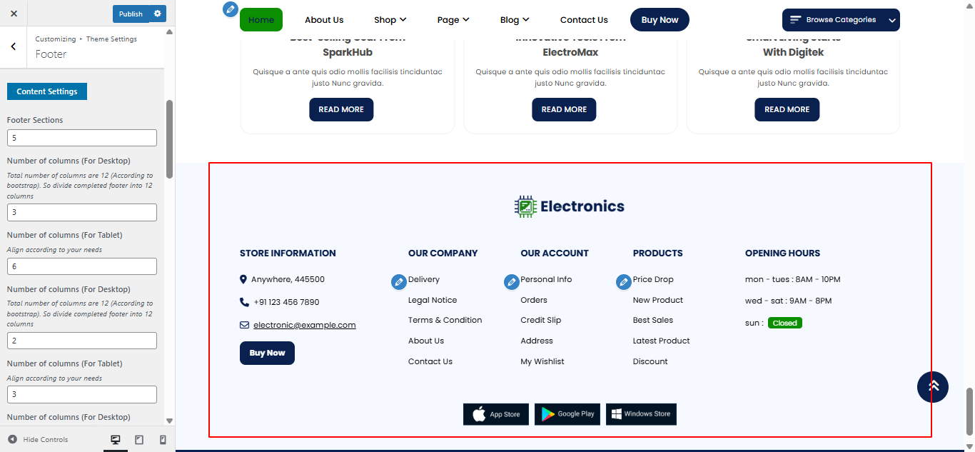Footer columns layout screenshot