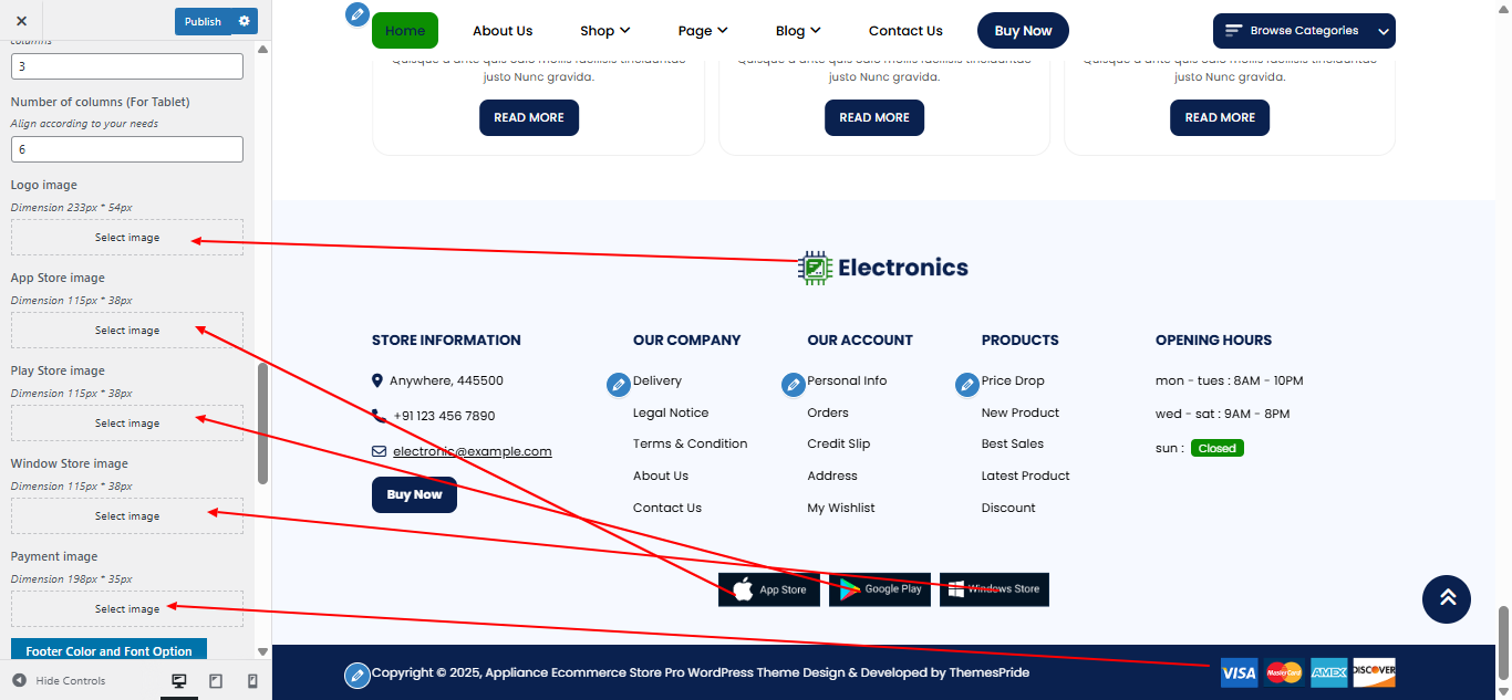 Footer columns layout screenshot