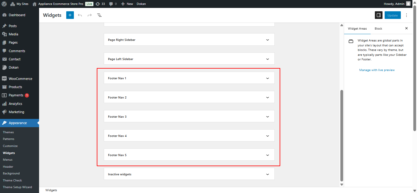 Footer widget customization screenshot