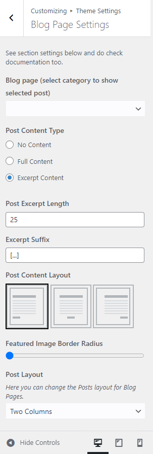 Blog page settings screenshot