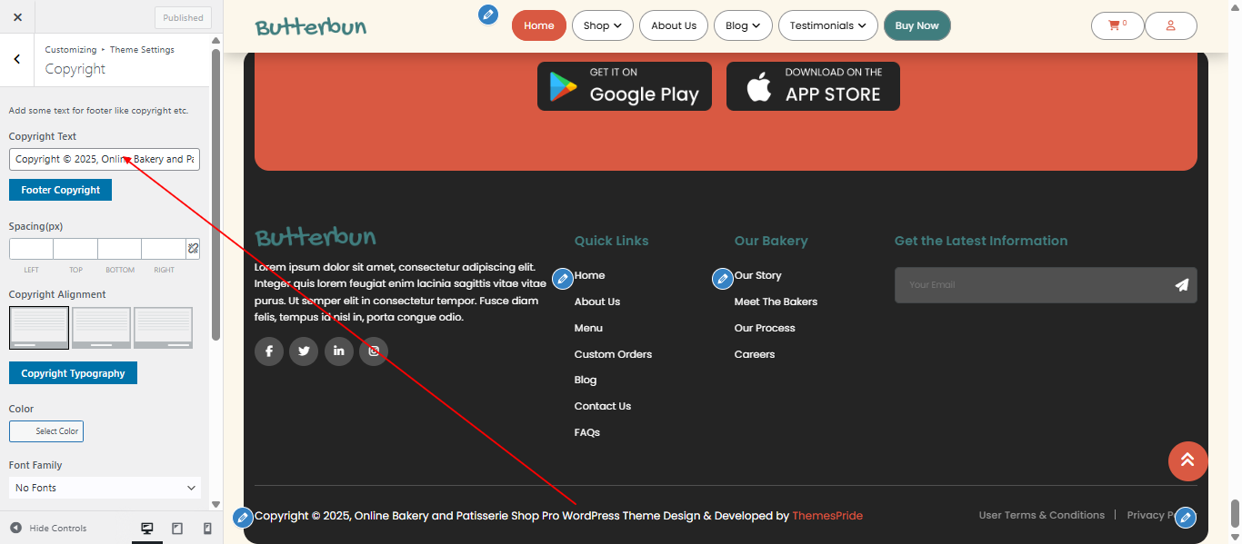 Copyright text setting screenshot