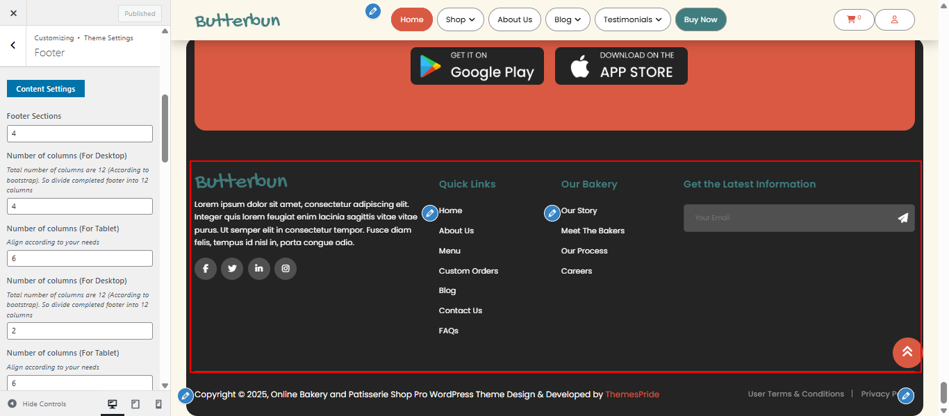 Footer columns layout screenshot