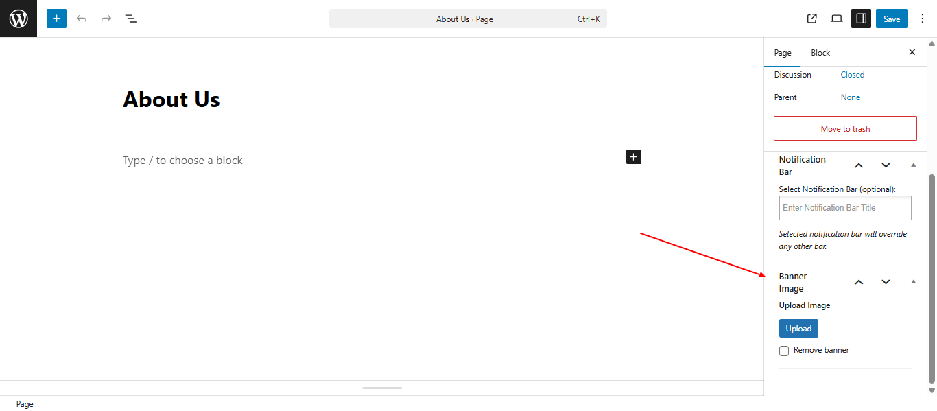 Individual page banner upload screenshot