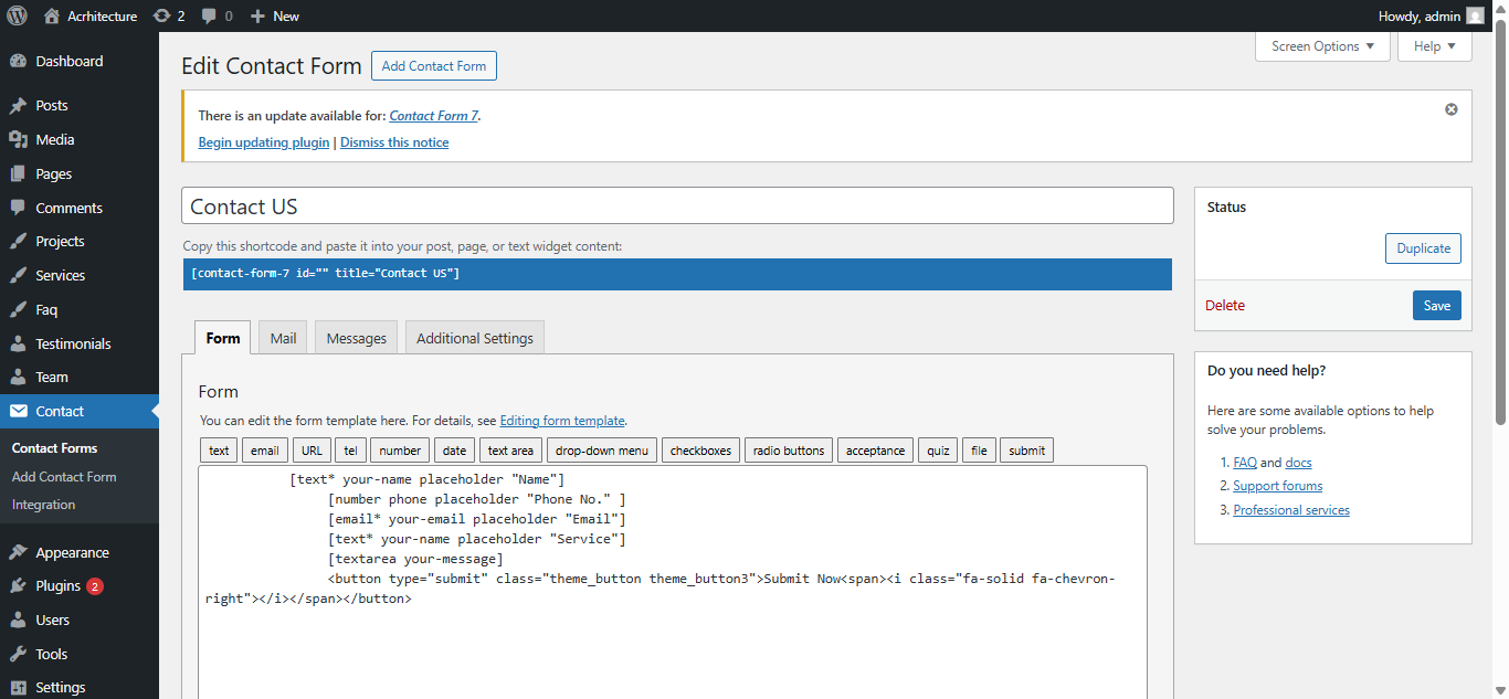 contact-us settings screenshot