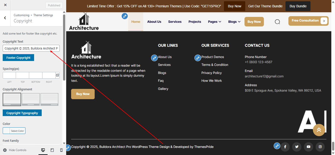 Copyright text setting screenshot