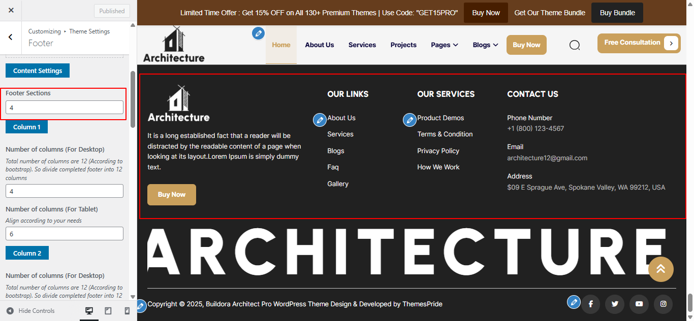 Footer columns layout screenshot