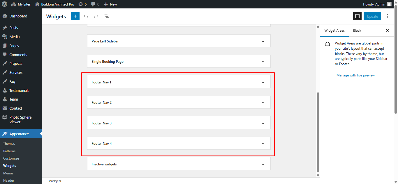 Footer widget customization screenshot