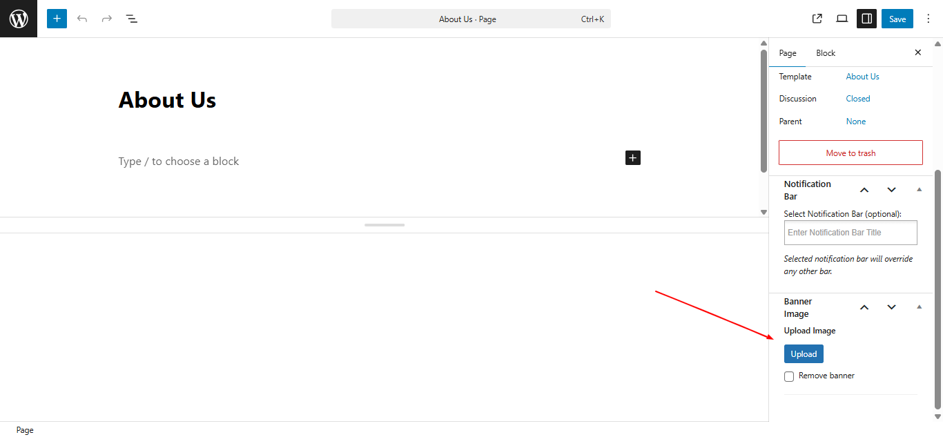 Individual page banner upload screenshot