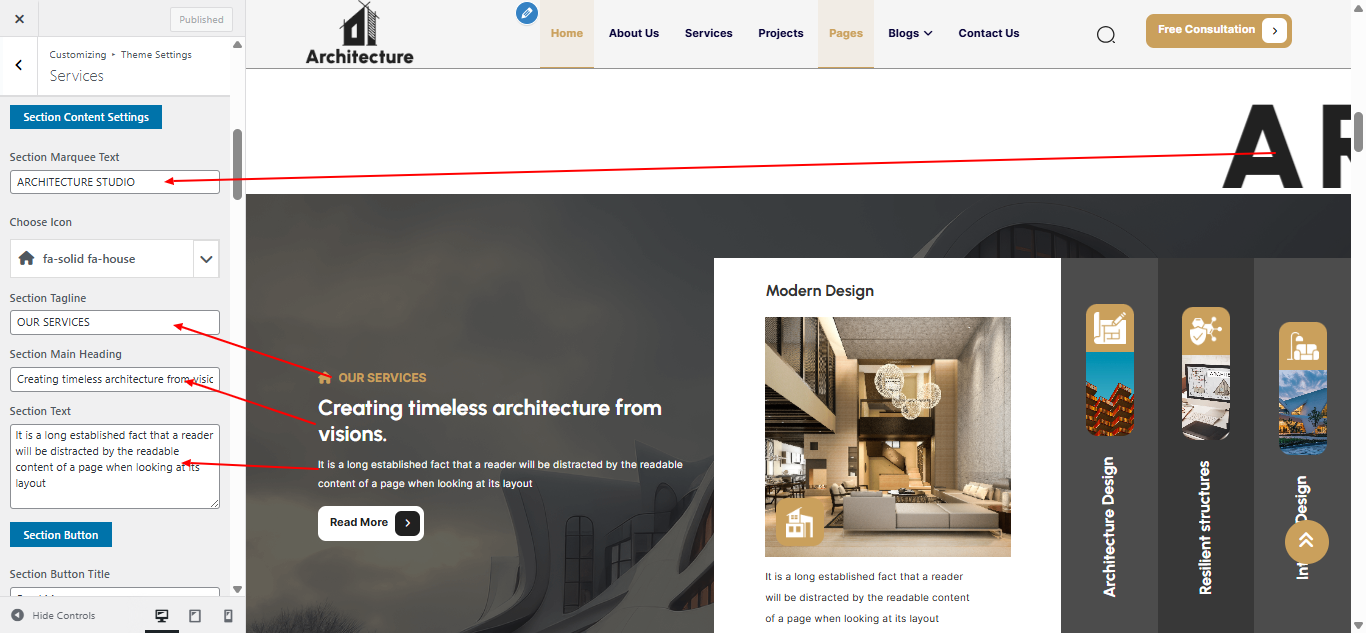 services layout screenshot
