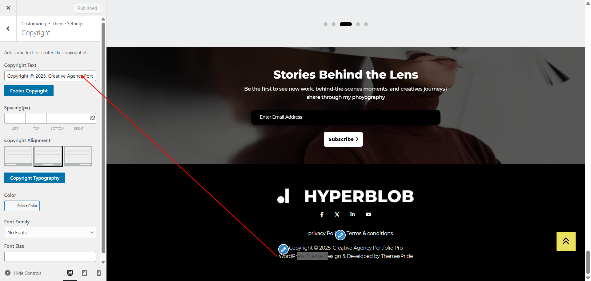 Copyright text setting screenshot