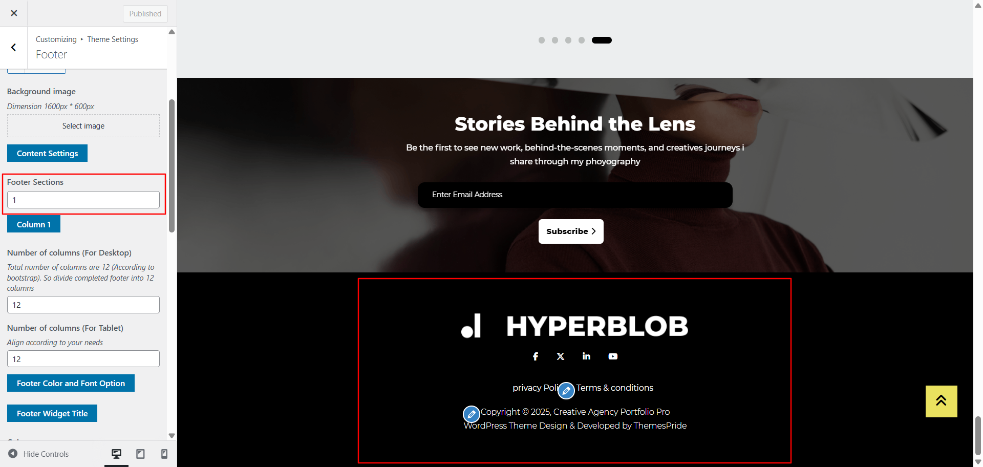 Footer columns layout screenshot