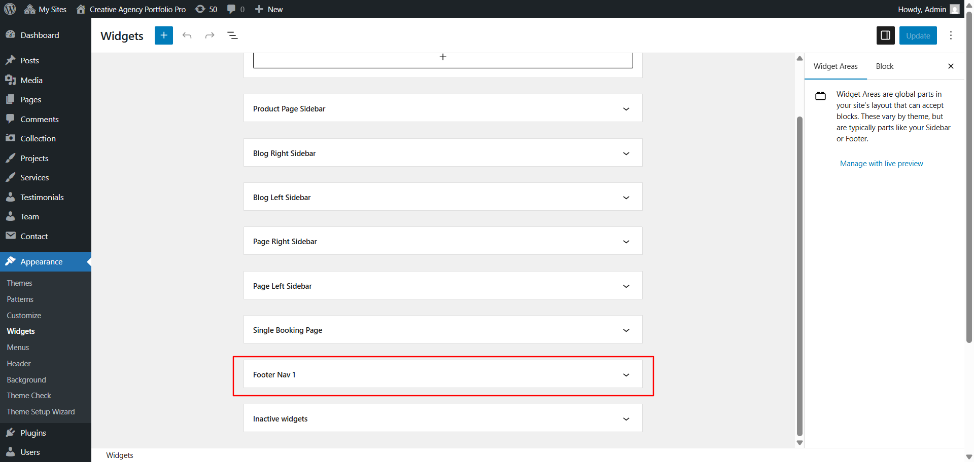 Footer widget customization screenshot
