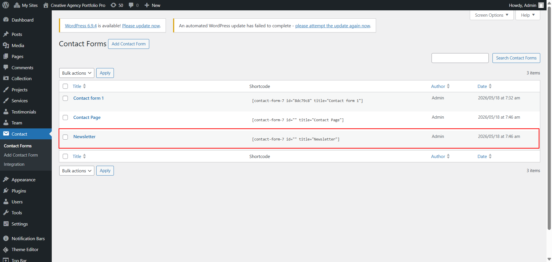 newsletter form setup screenshot