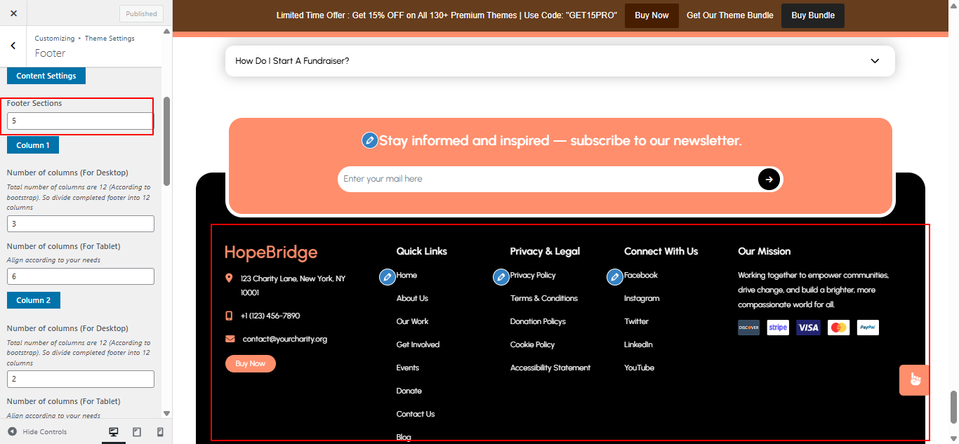 Footer columns layout screenshot