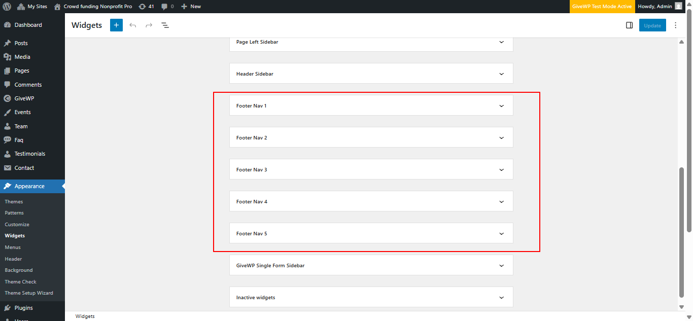 Footer widget customization screenshot