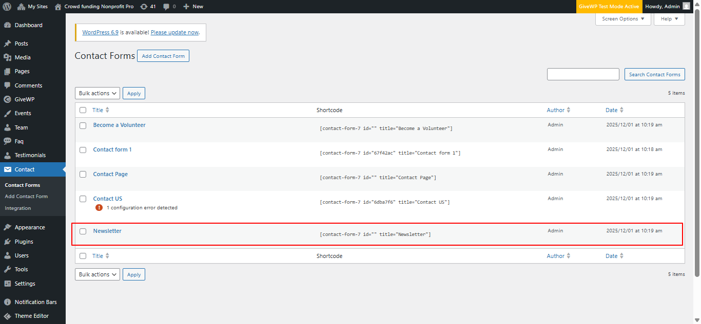 newsletter form setup screenshot