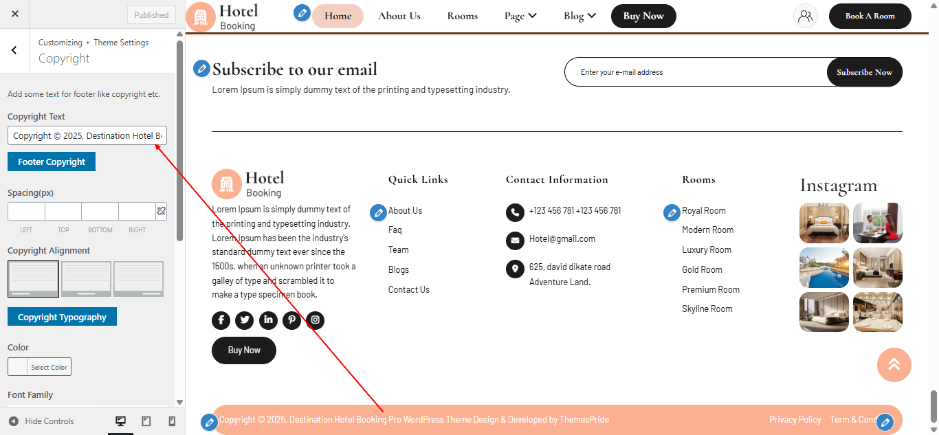 Copyright text setting screenshot