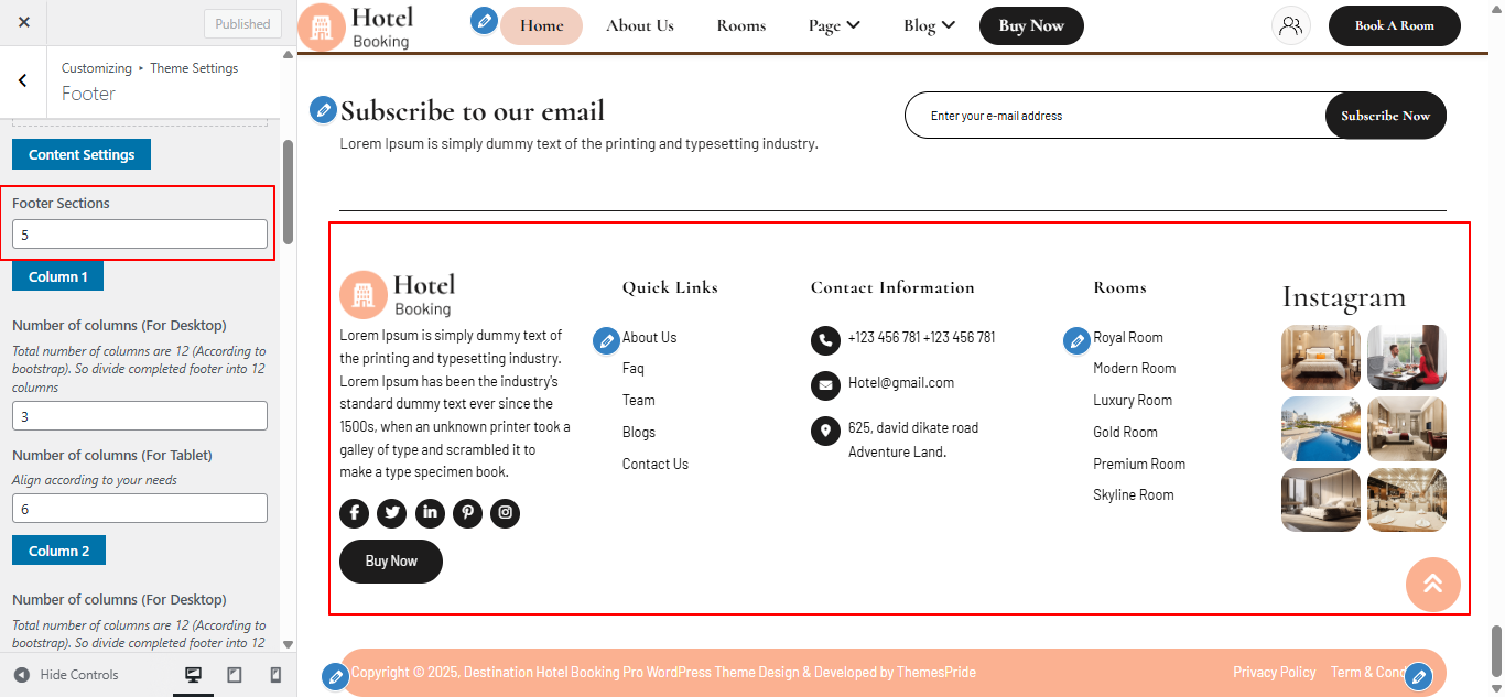 Footer columns layout screenshot