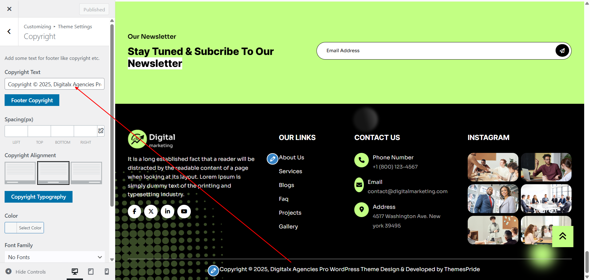 Copyright text setting screenshot