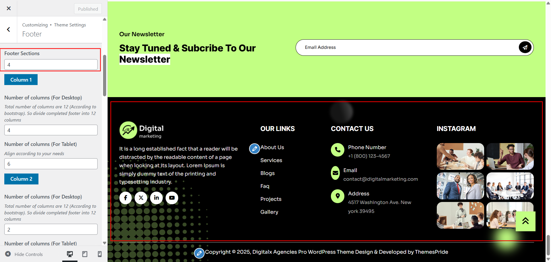 Footer columns layout screenshot