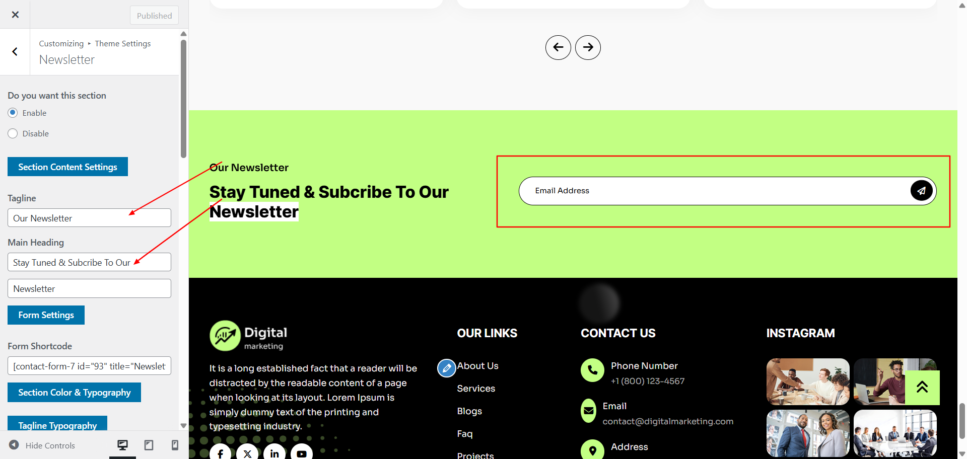 newsletter form setup screenshot
