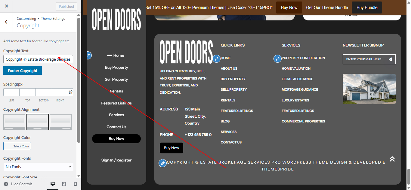 Copyright text setting screenshot