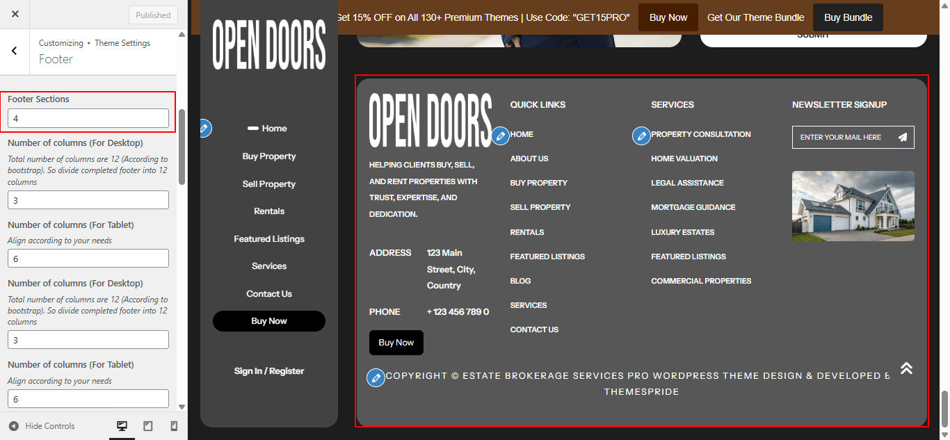 Footer columns layout screenshot