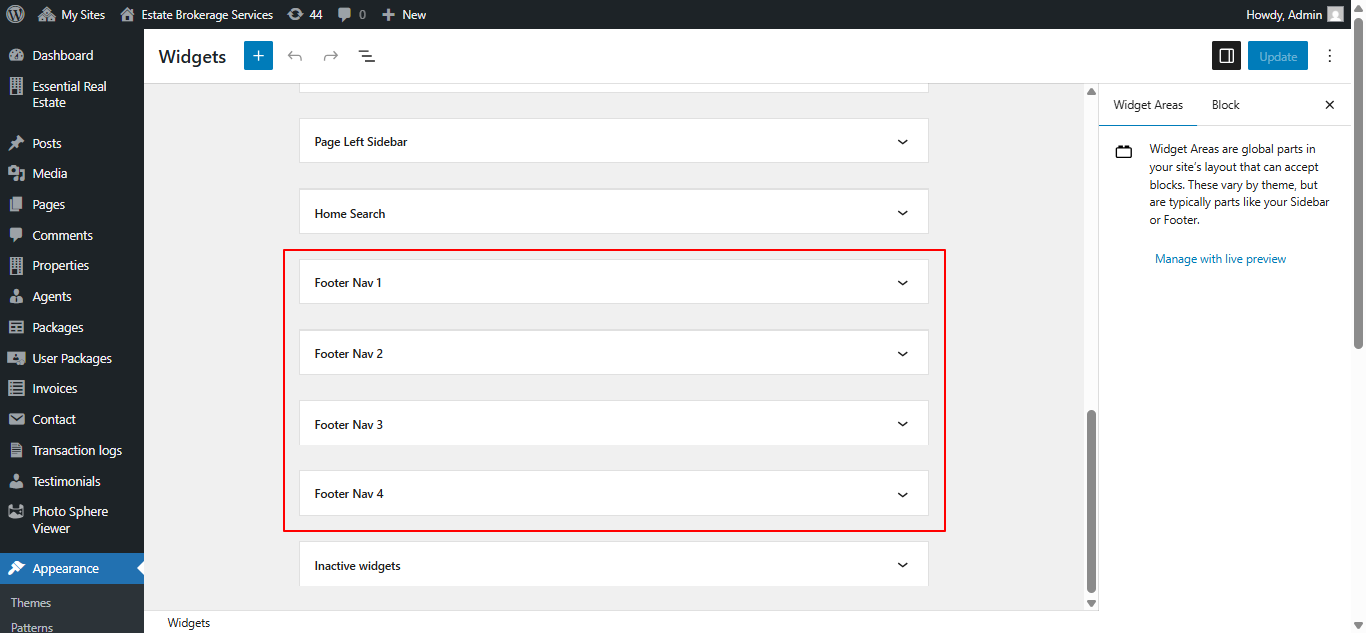 Footer widget customization screenshot