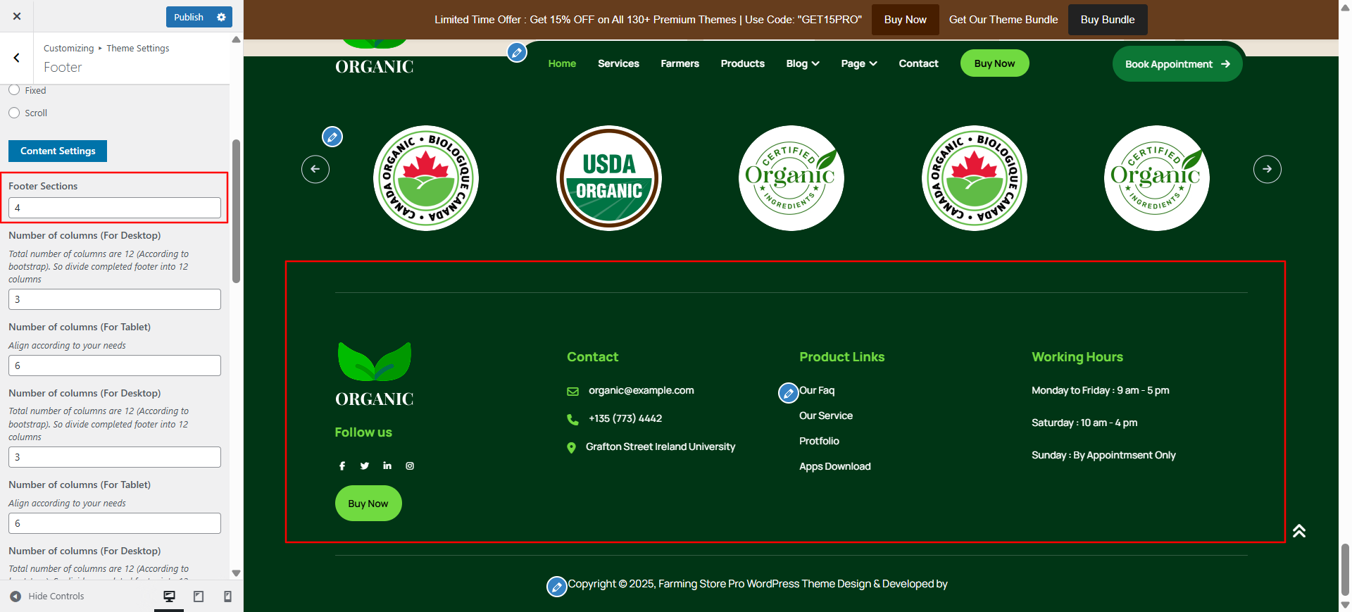 Footer columns layout screenshot