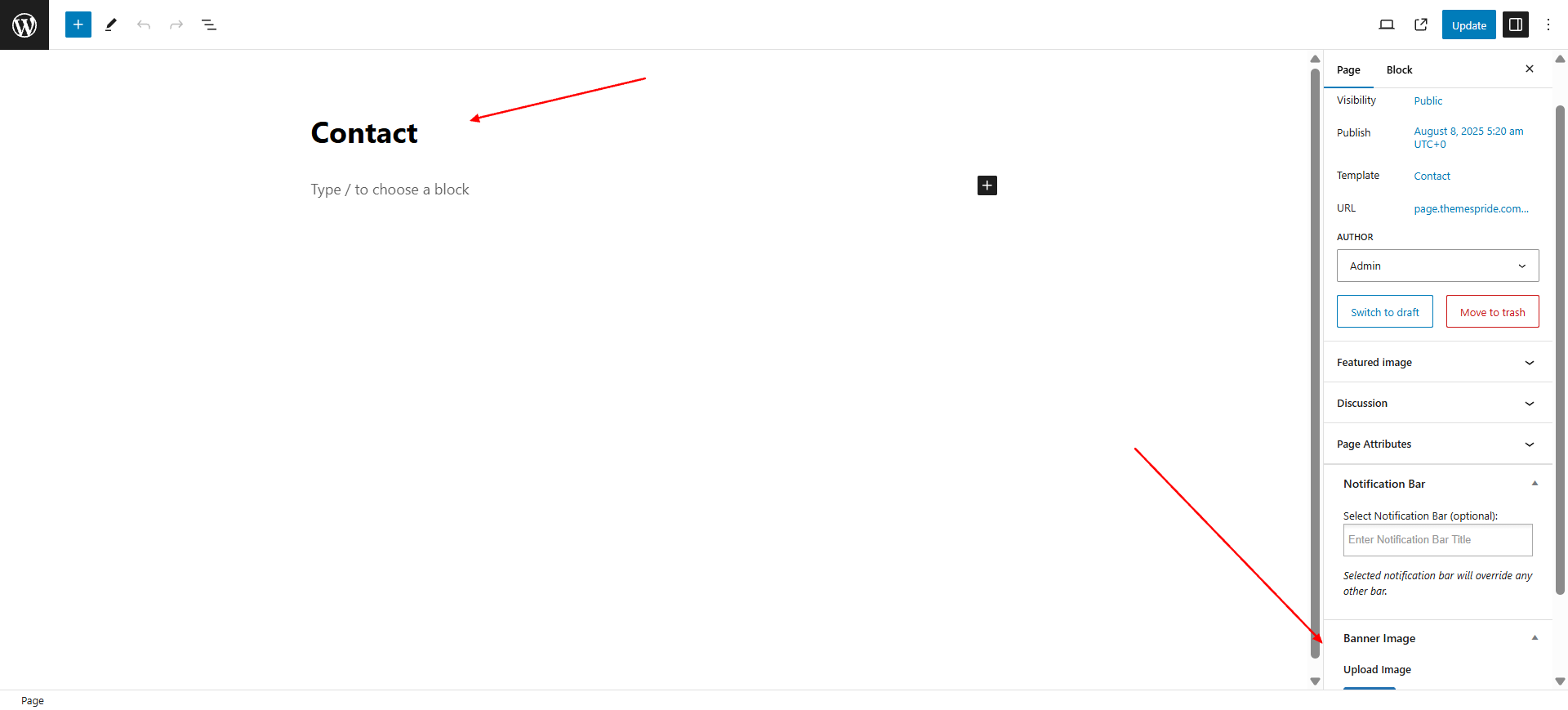 Individual page banner upload screenshot