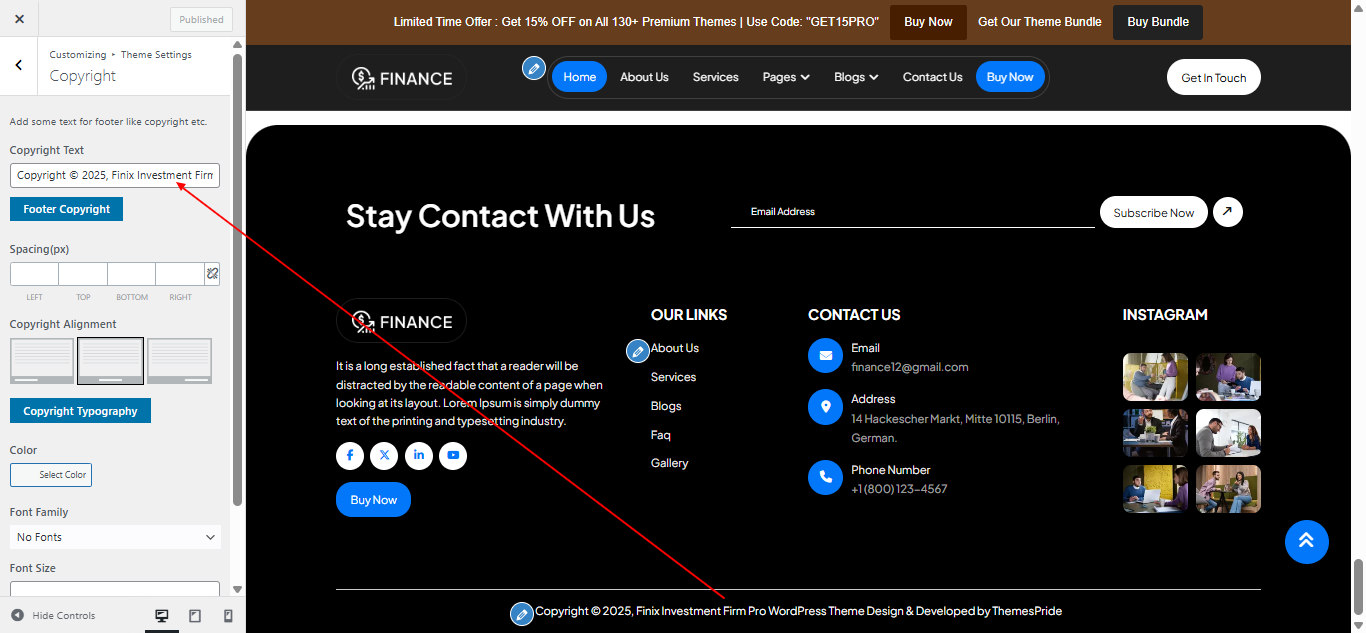 Copyright text setting screenshot