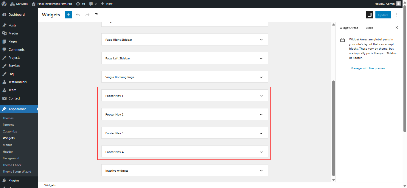 Footer widget customization screenshot