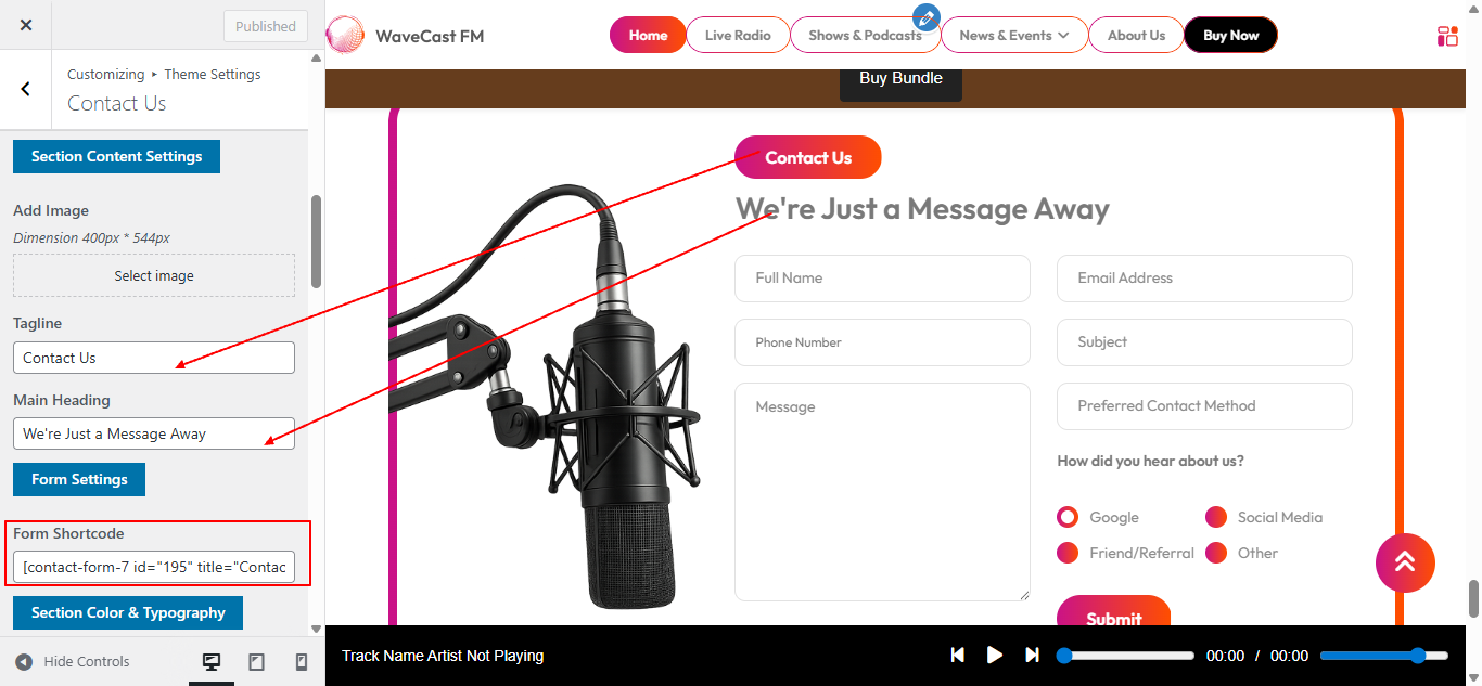 contact-us form setup screenshot