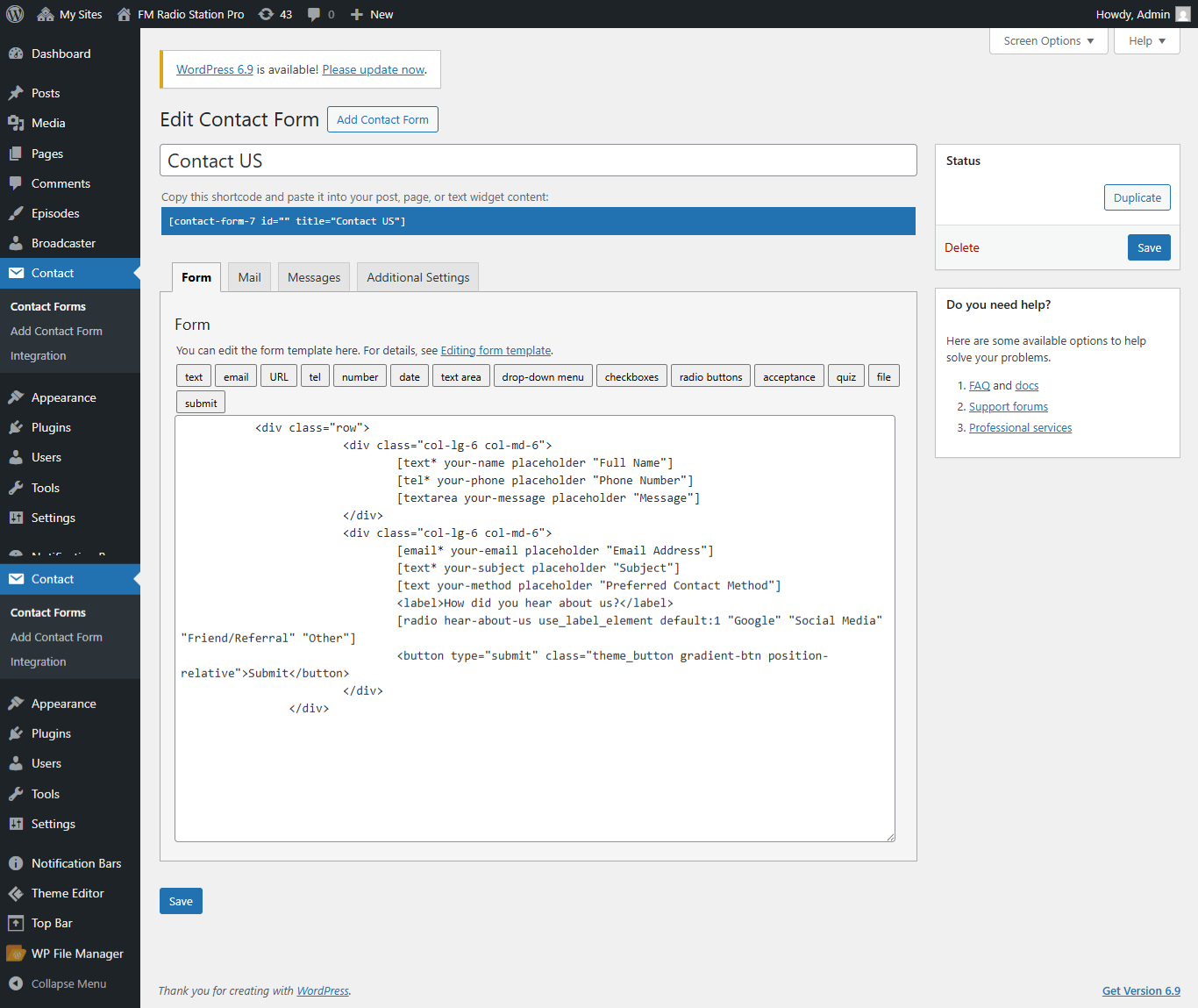 contact-us settings screenshot