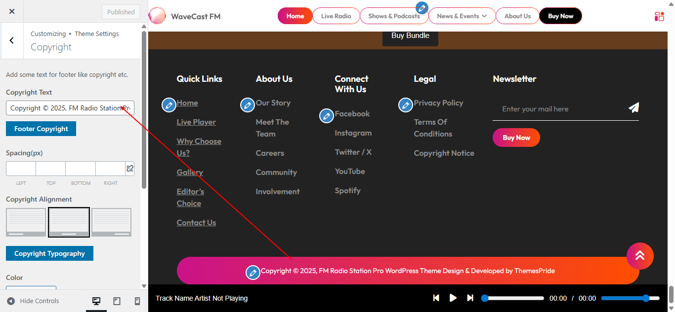 Copyright text setting screenshot