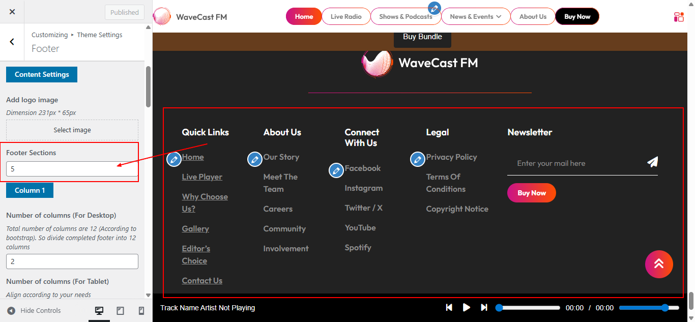 Footer columns layout screenshot