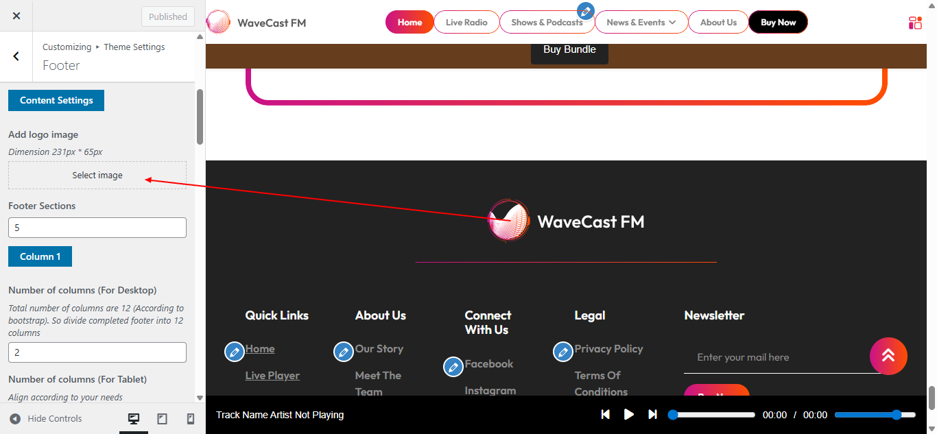 Footer widget customization screenshot