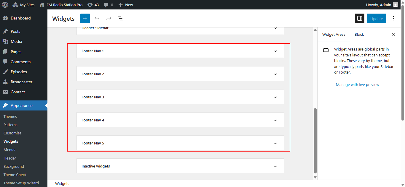 Footer widget customization screenshot