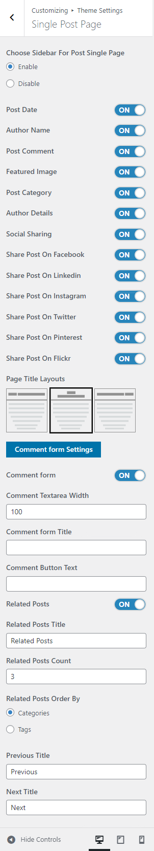 Single post page settings screenshot