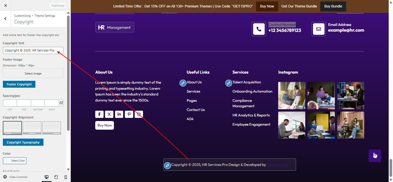Copyright text setting screenshot