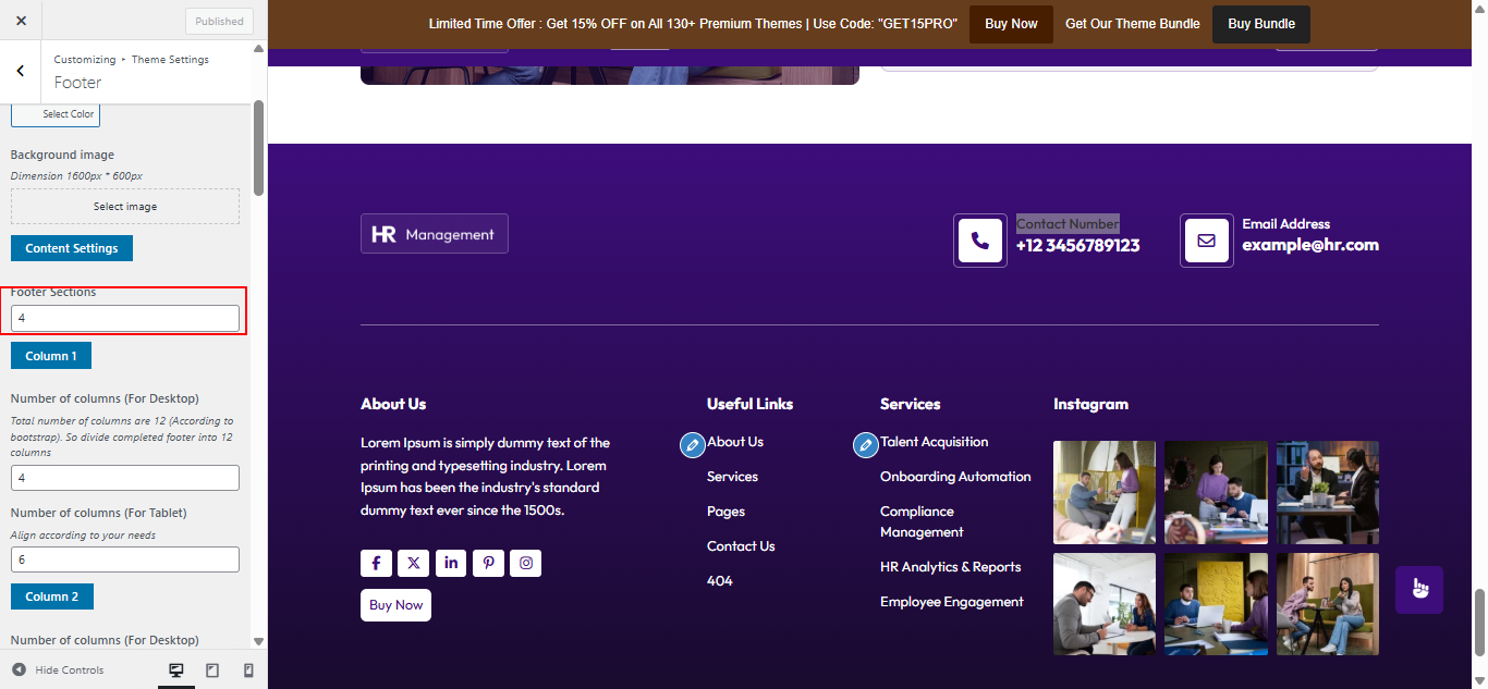 Footer columns layout screenshot