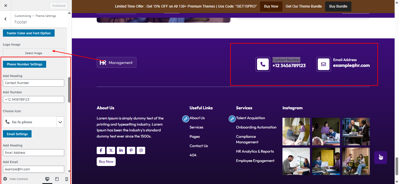 Footer widget customization screenshot