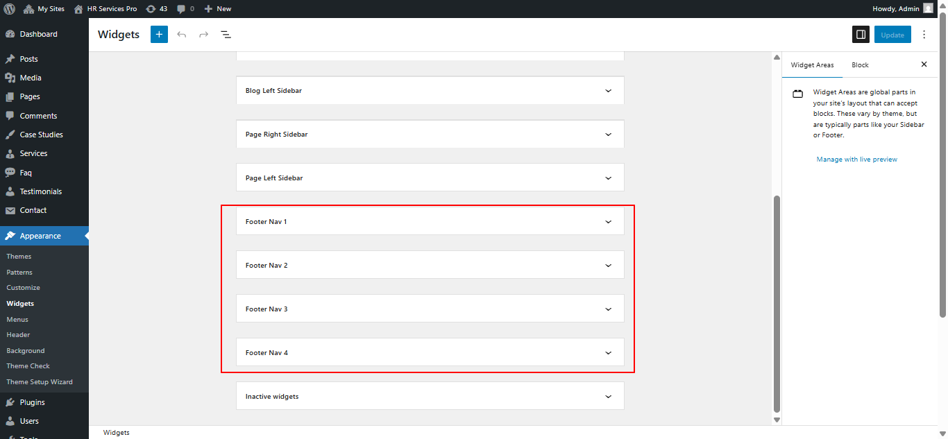 Footer widget customization screenshot