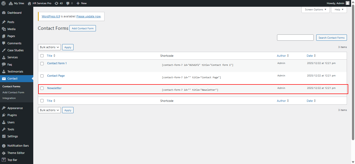 newsletter form setup screenshot