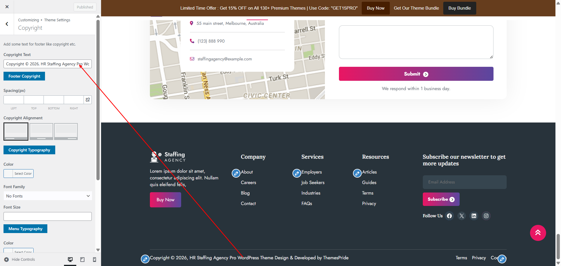 Copyright text setting screenshot