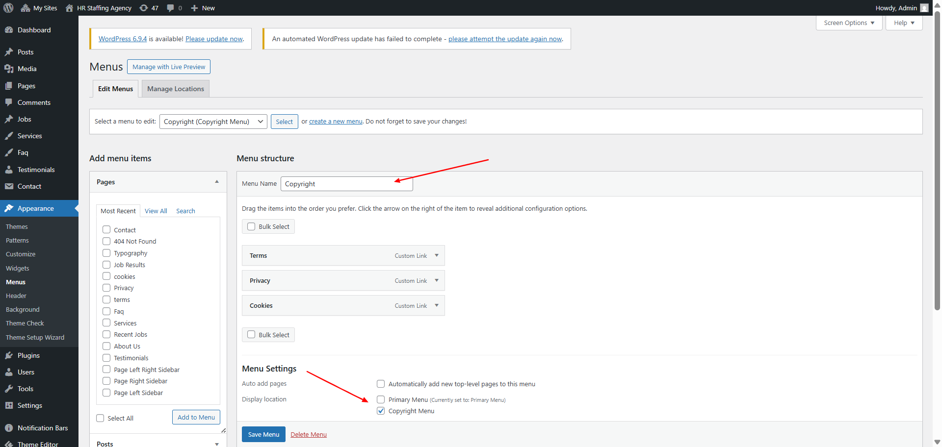 Copyright text setting screenshot