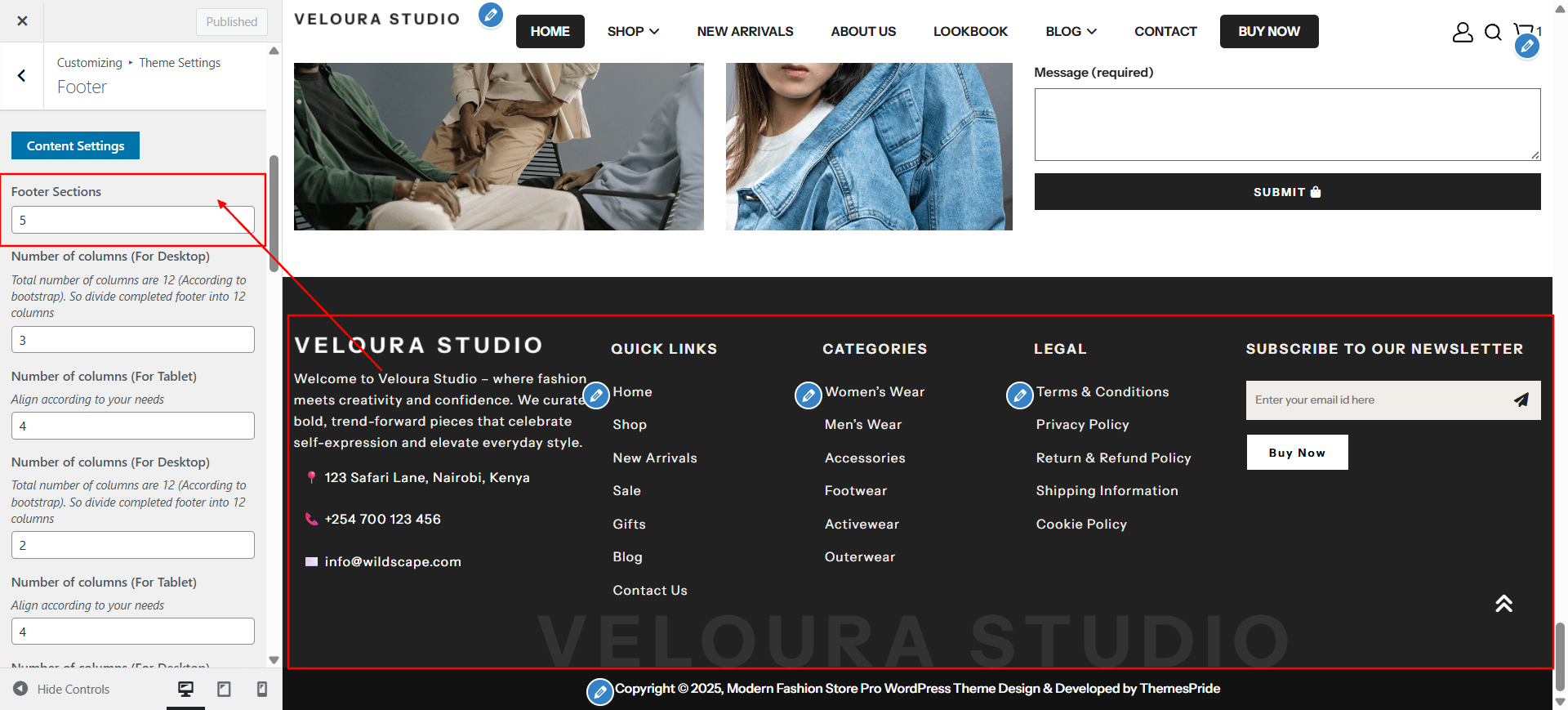 Footer columns layout screenshot
