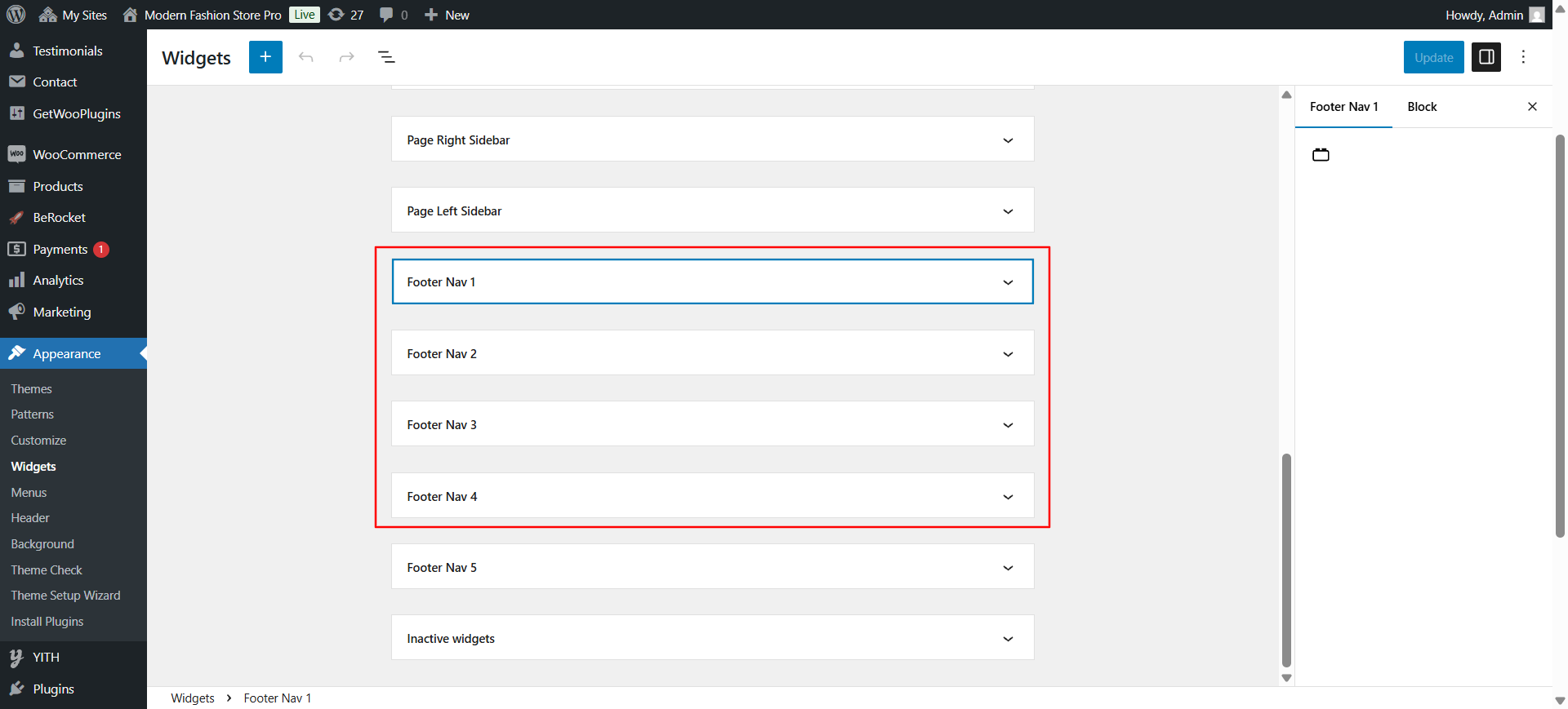 Footer widget customization screenshot